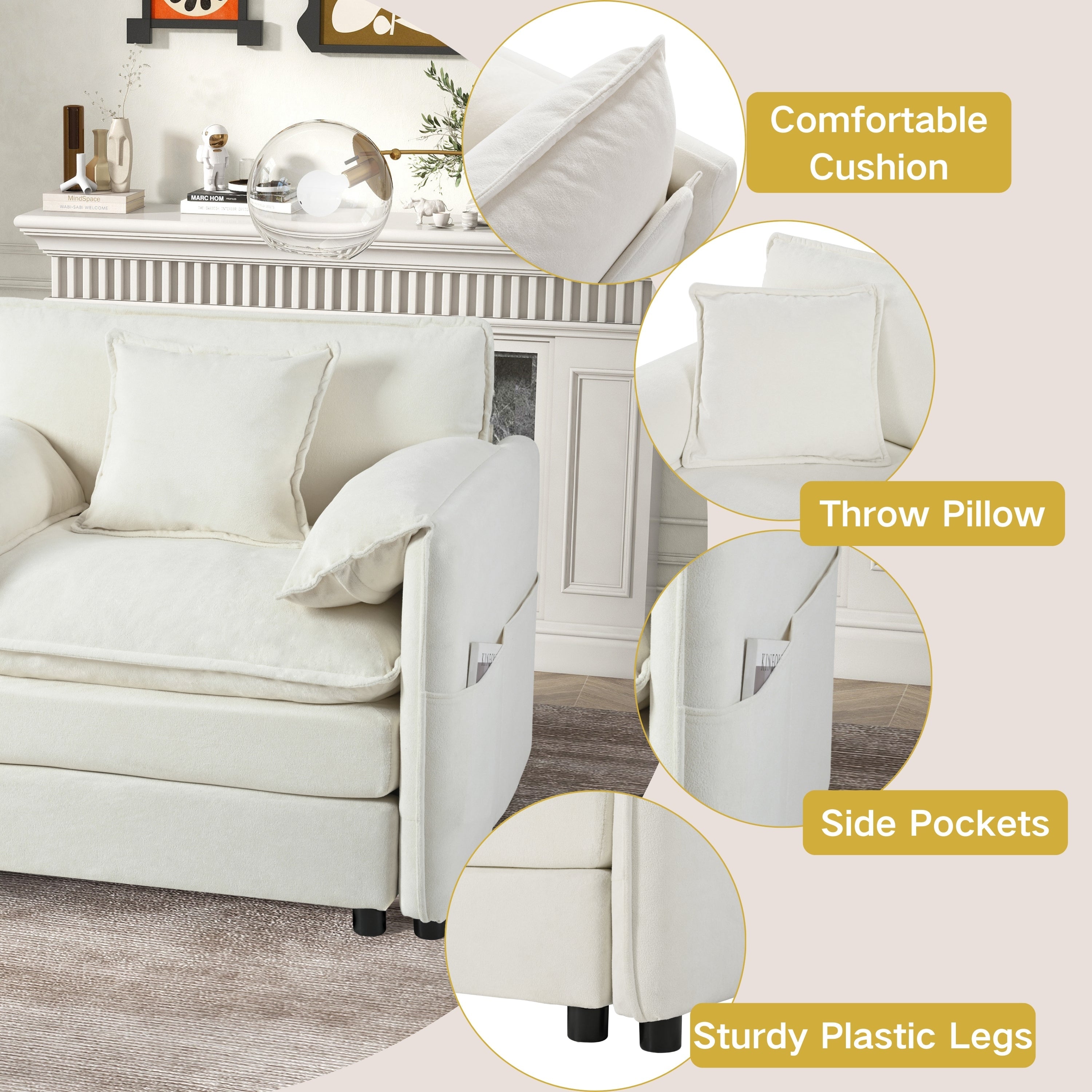 Oversized Deep Seat Sectional Sofa, Green Modern Chenille Cloud Couch, Large 3 Seater Modular Sofa with 3 Pillows for Living Room Bedroom Apartment Office,DIY Combination,Beige