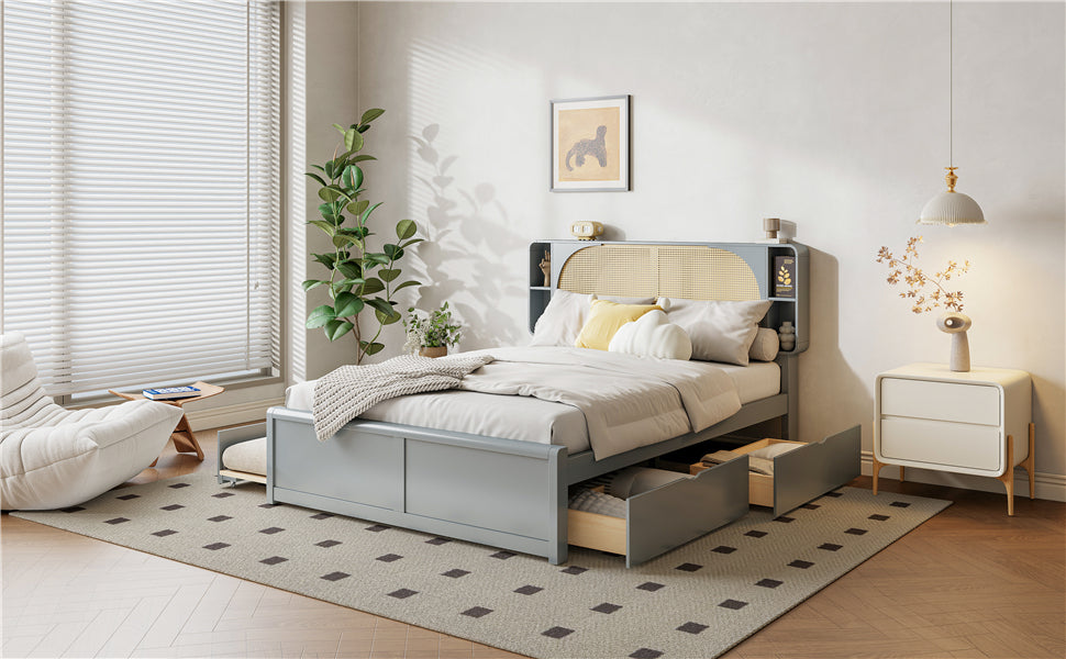 Queen Size Rattan Headboard Bed with Two Drawers and Trundle, Gray