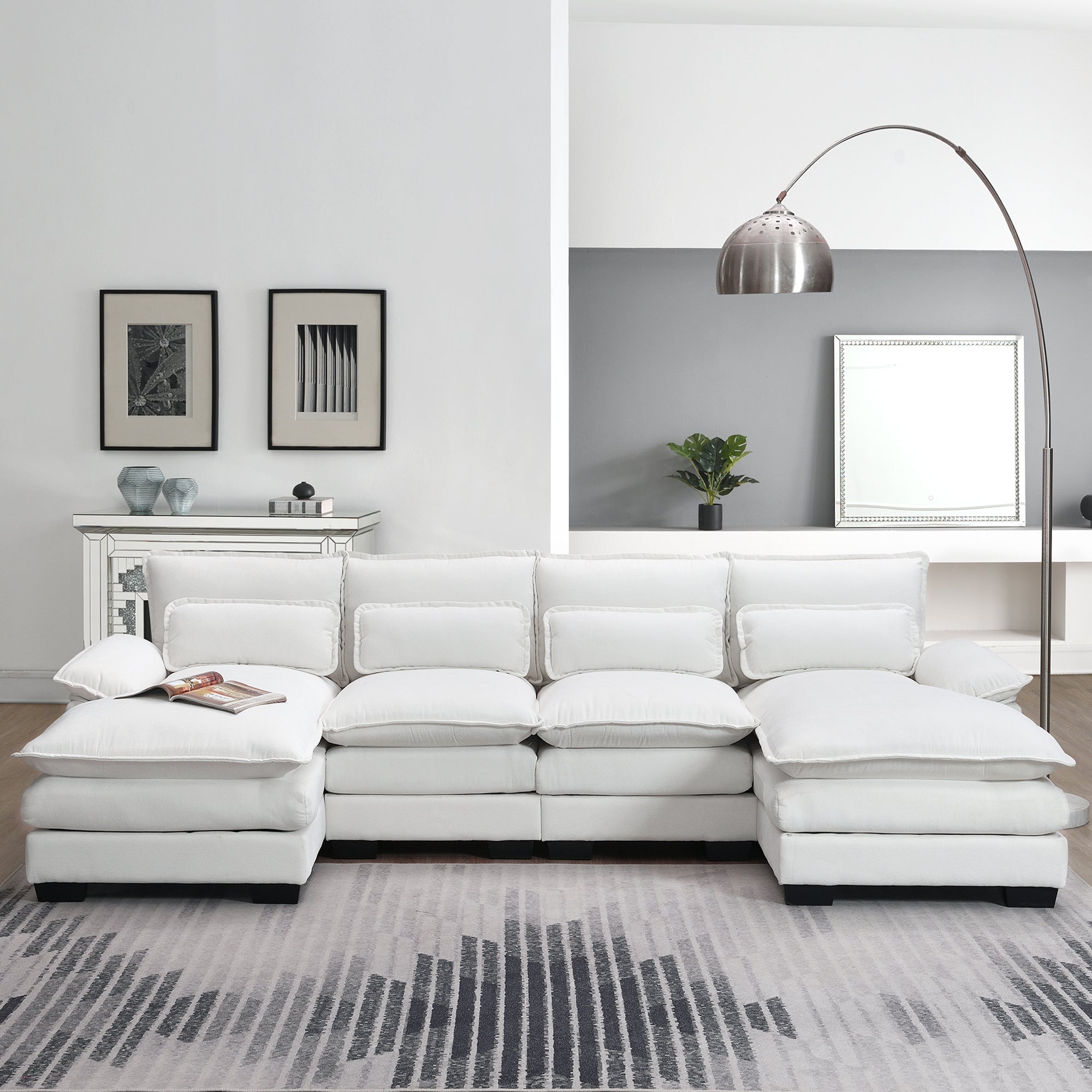 110*55' Modern U-shaped Sectional Sofa with Waist Pillows,6-seat Upholstered Symmetrical Sofa Furniture,Sleeper Sofa Couch with Chaise Lounge for Living Room,Apartment,5 Color