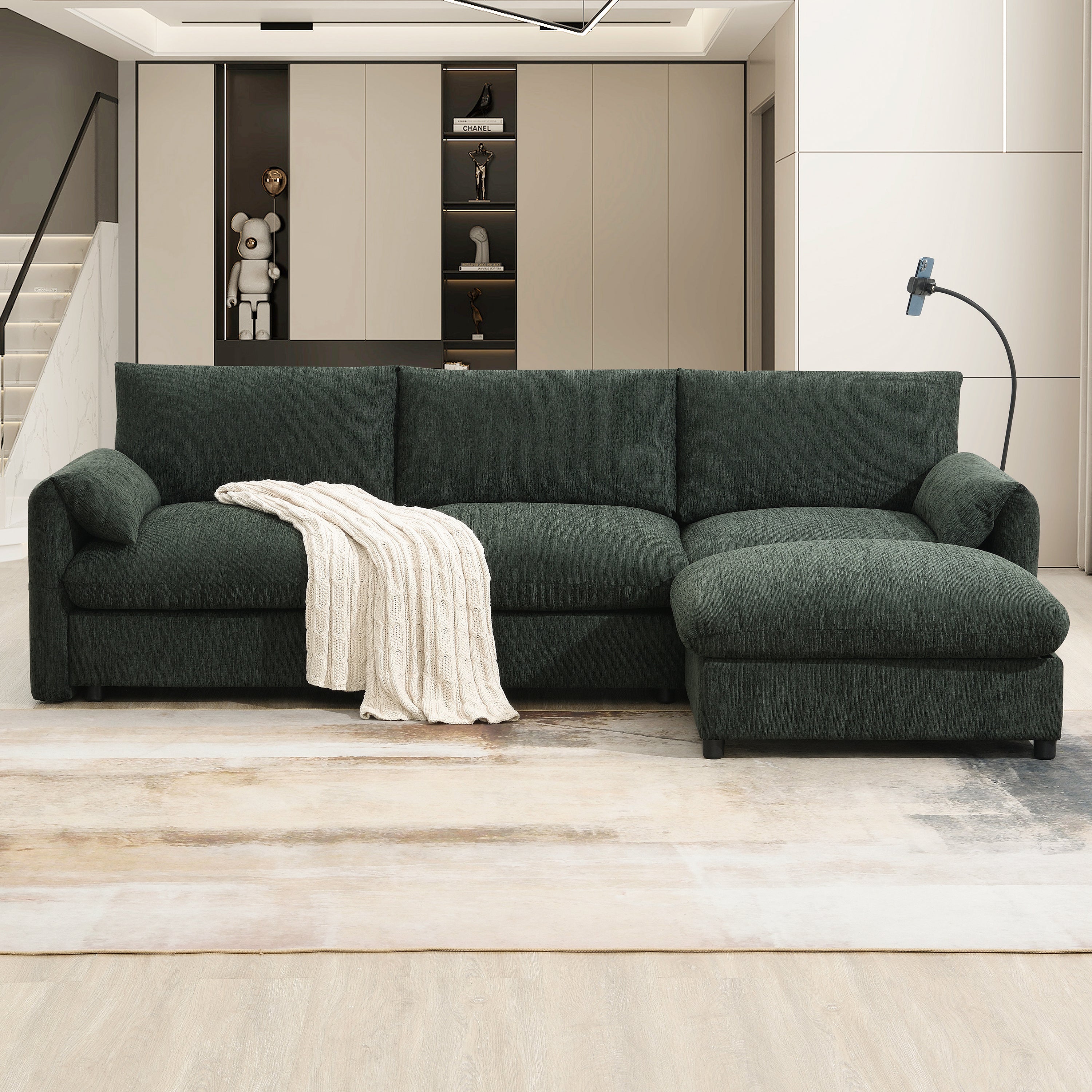 96.5'' Chenille Sectional Sofa with Storage Ottoman and Pockets,Adjustable Phone Holder,Wide Seat,4 Seat L Shaped Couch Set,Comfy Sofa with USB Charger for Living Room,Apartment,3 Colors
