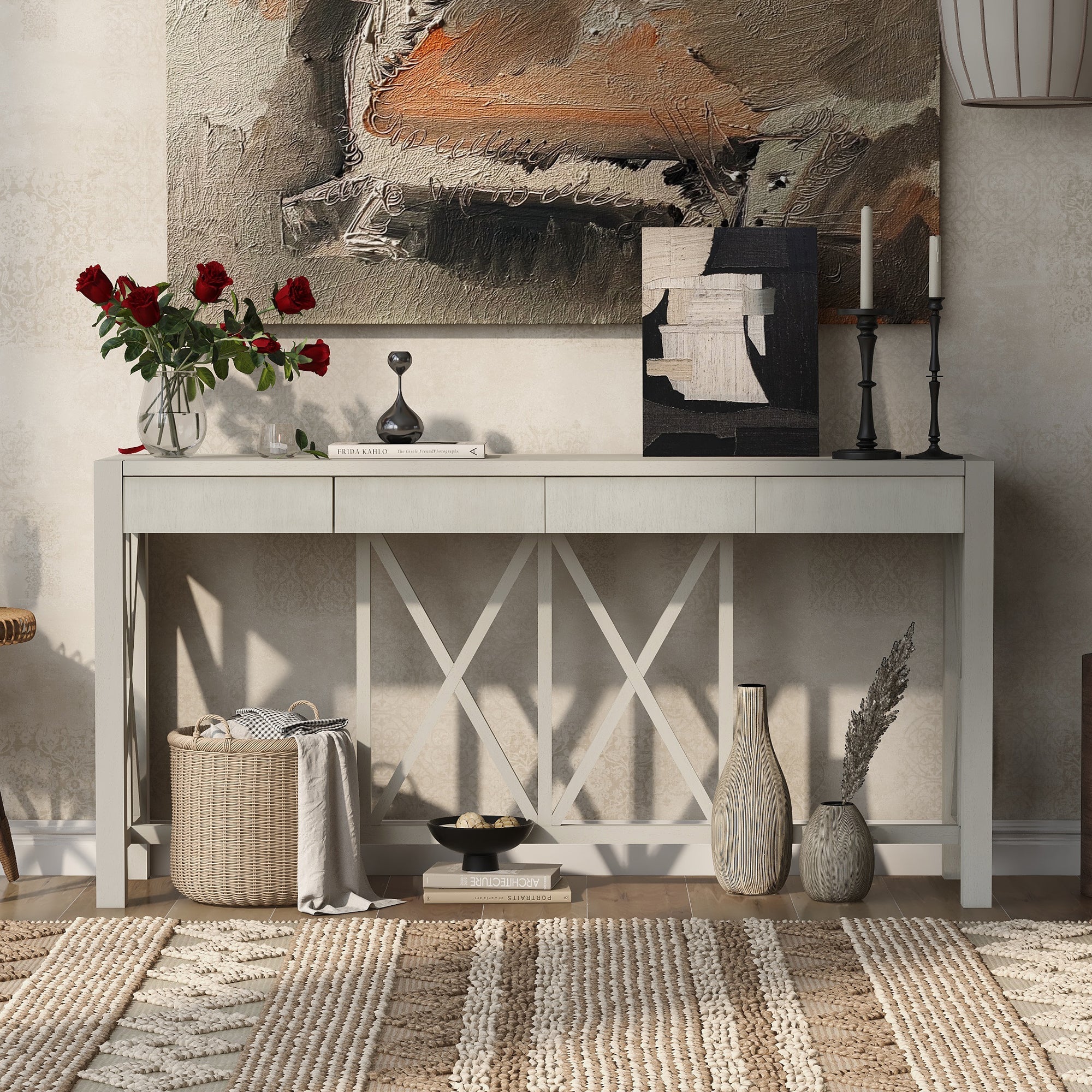 U_Style 60''Acacia Veneer Console Table with 4 Spacious Drawers, Modern Crisscross Design Entryway Table with Open Bottom Storage,Farmhouse Sofa Table for Living Room,Kitchen,Dining Room,Hallway