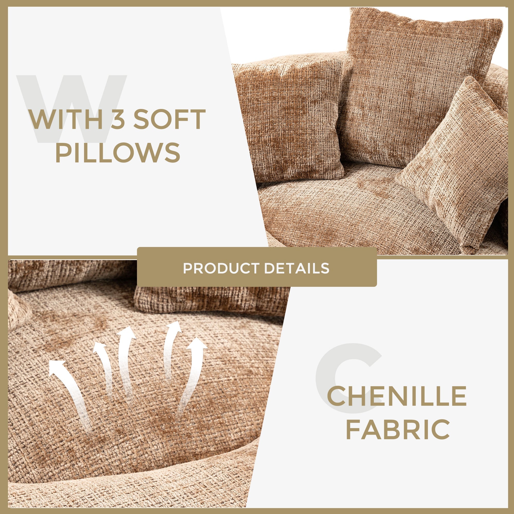 Lazy Sofa Durable Comfort Lounger High Back Bean Bag Chair with Three Pillows, Coffee Chenille, 42.52 inches