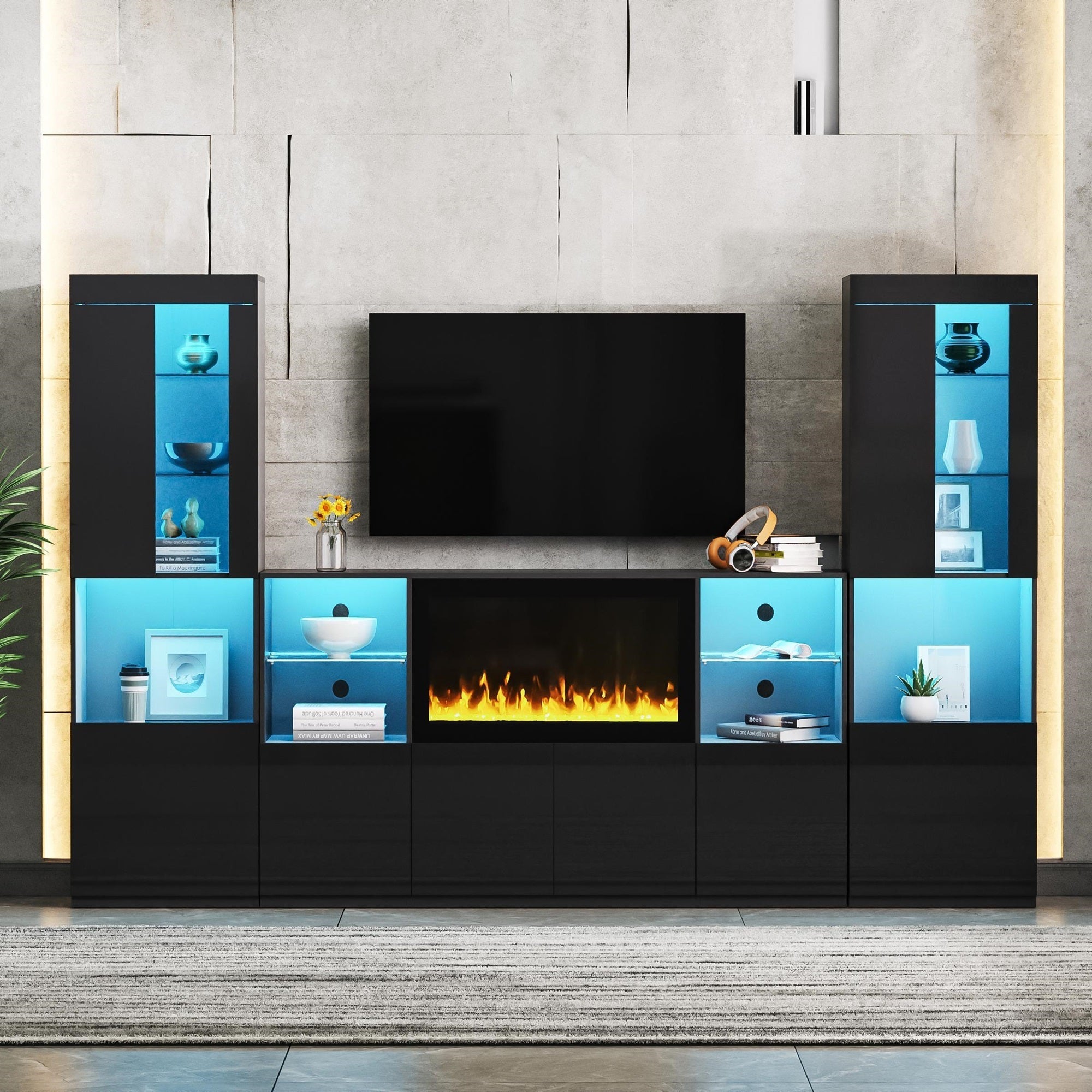 ON-TREND Modern TV Stand with 34.2' Non-heating Electric Fireplace, High Gloss Entertainment Center with LED Lights, Media Console with Tempered Glass Shelves for TVs up to 75', Black