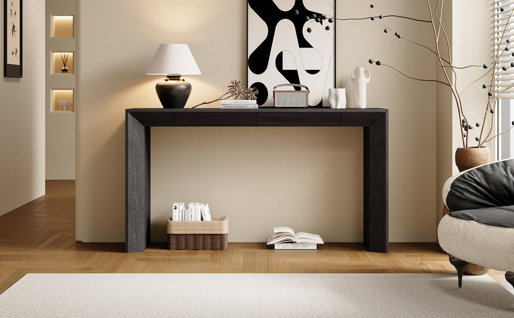 TREXM 60' Modern Farmhouse Console Table with 2 Concealed Drawers, Waterfall Design Entryway Table with Thickened Legs & Rustic Wood Grain for Living Room, Entryway & Hallway (Black)