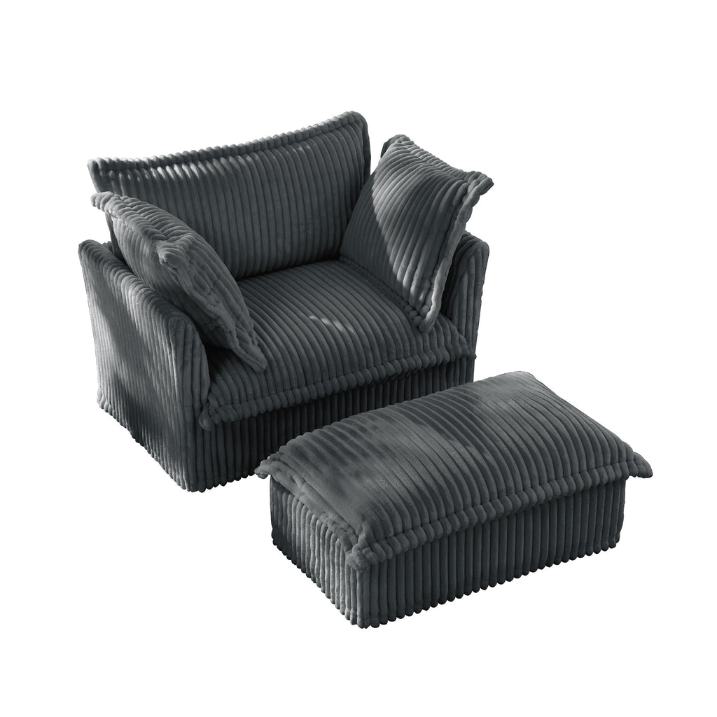 Upholstered Slipcovered Armchair with Ottoman,  Deep Seat Armchair W/ Wide Ottoman for Living Room, Armchair Sets with Large Soft Pillows(Set of 2),Gray Corduroy Fabric