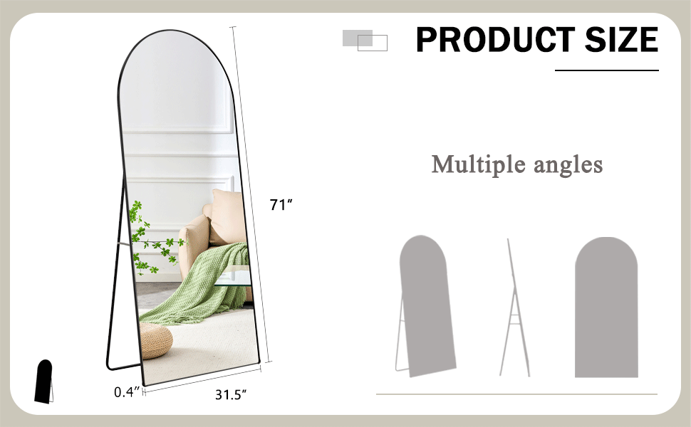 The 4th generation floor standing full-length rearview mirror. Black metal framed arched wall mirror, bathroom makeup mirror, floor standing mirror with bracket. Black 71 "* 31"  AM