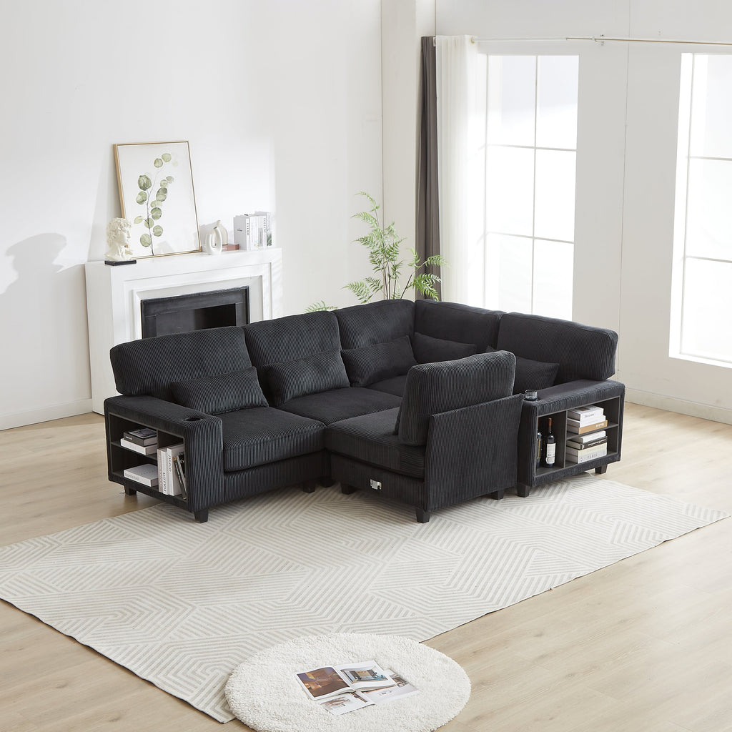102.75*102.75' L-Shaped Modular Sectional Sofa, Modern Corduroy Sectional Sofa, Arm with Storage With Cup Holder 5-Seat Convertible Sectional Sofa for Living Room, Bedroom, Lounge and Projection Room