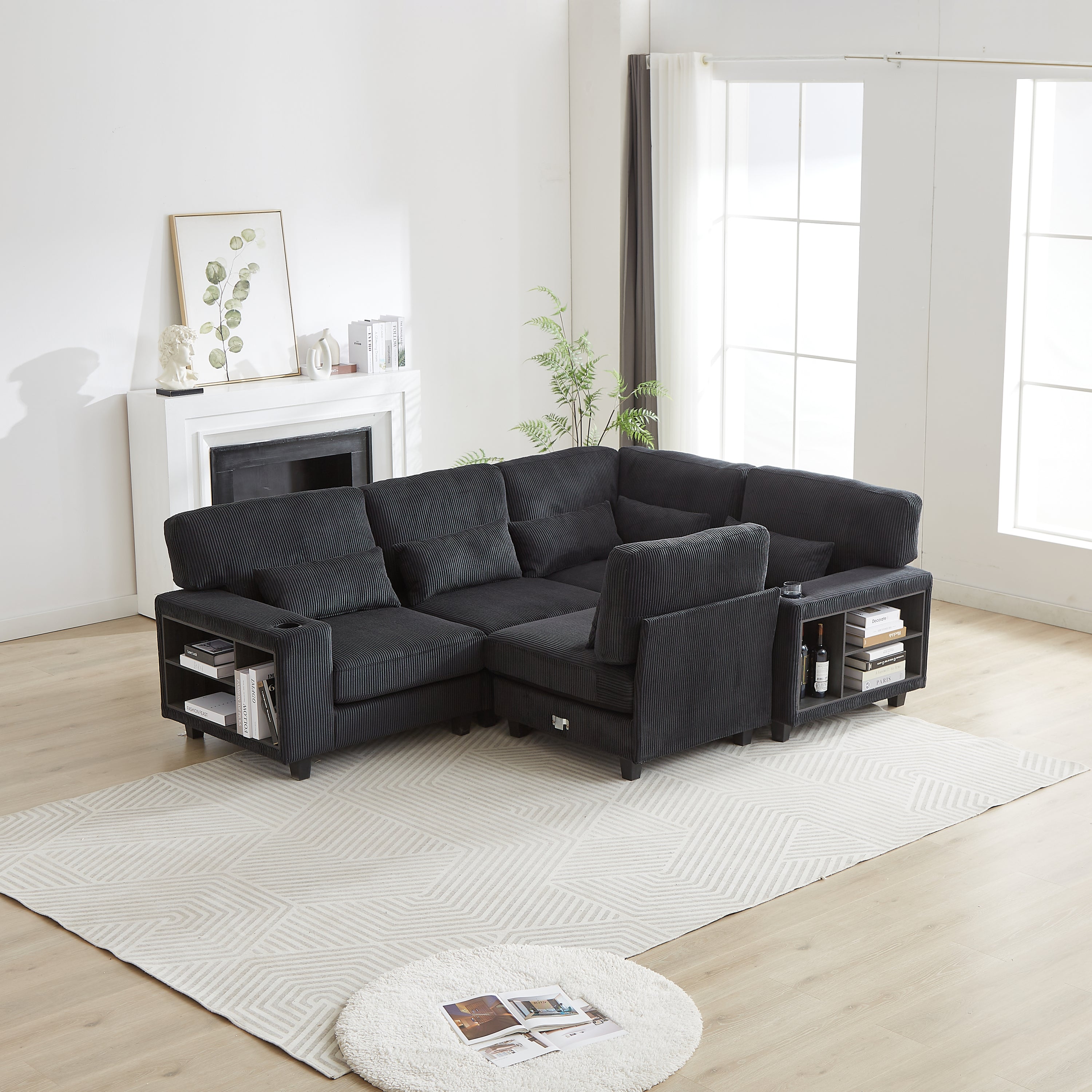 102.75*102.75' L-Shaped Modular Sectional Sofa, Modern Corduroy Sectional Sofa, Arm with Storage With Cup Holder 5-Seat Convertible Sectional Sofa for Living Room, Bedroom, Lounge and Projection Room