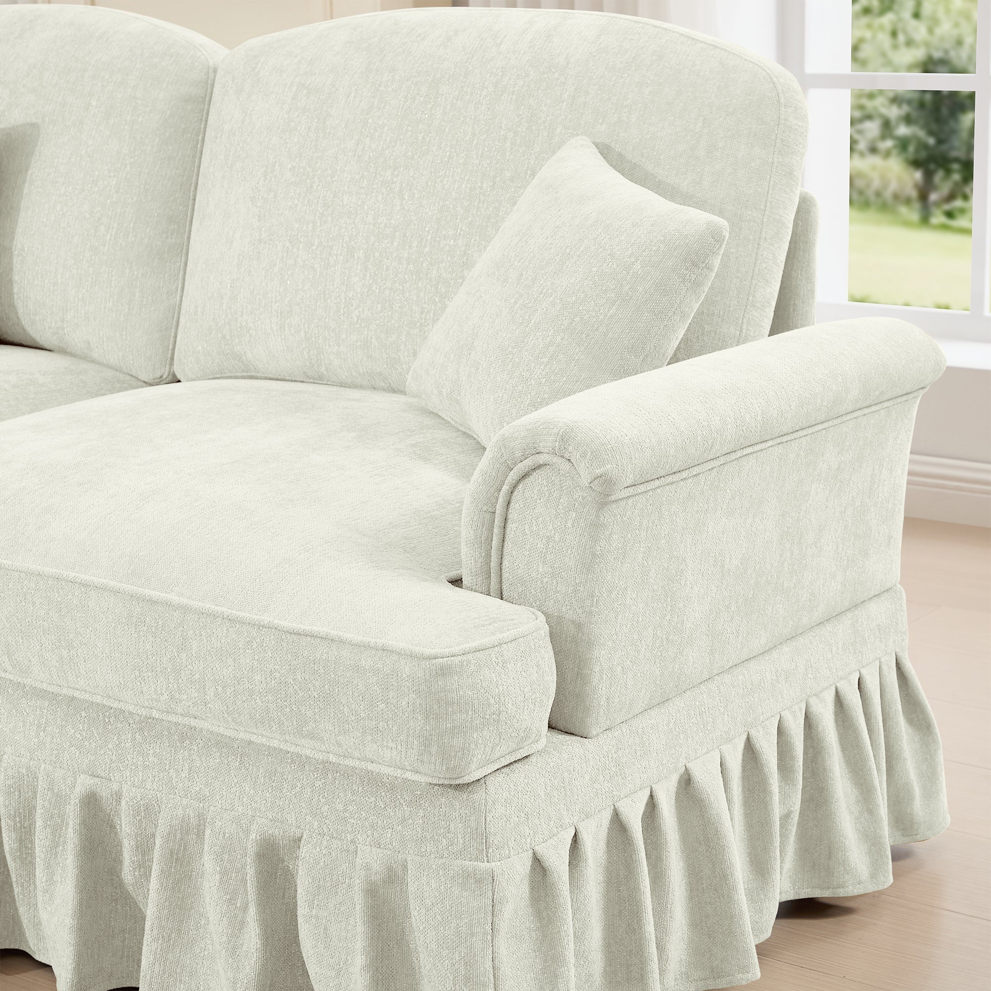 Elegant Mid Century Large 4 Seater Sofa Couch with Flared Arms and Removable Ruffles Pleats Skirts and Spindle Legs, Comfy Chenille Four-Seat Sofa for Living Room, Beige White