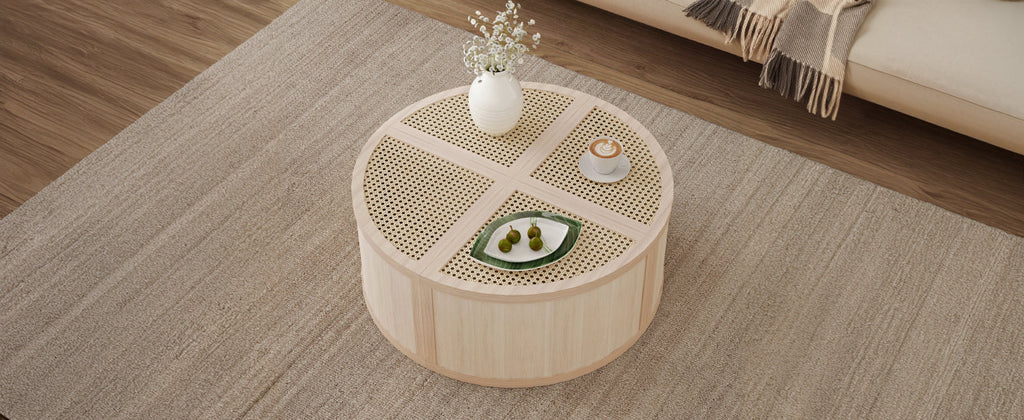 Round to Square Block Modular Coffee Table Light Natural Rattan with Storage 4 Piece