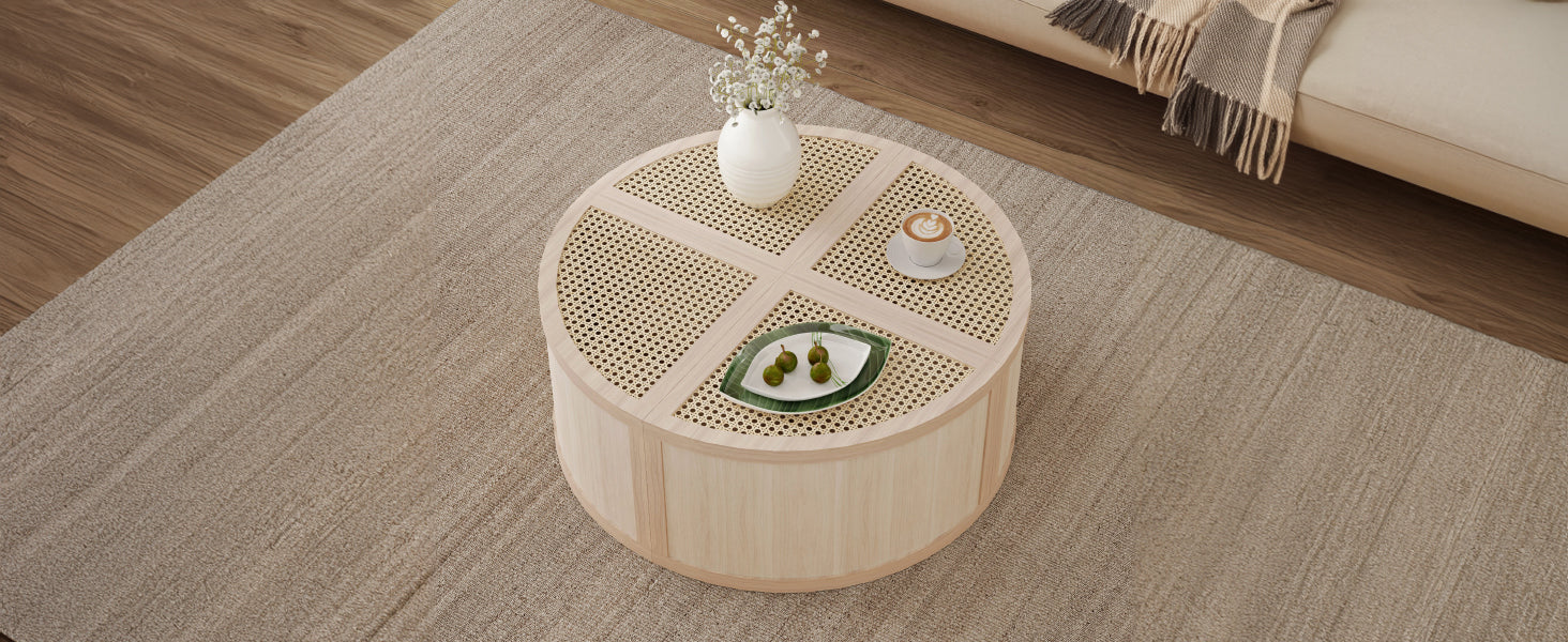 Round to Square Block Modular Coffee Table Light Natural Rattan with Storage 4 Piece