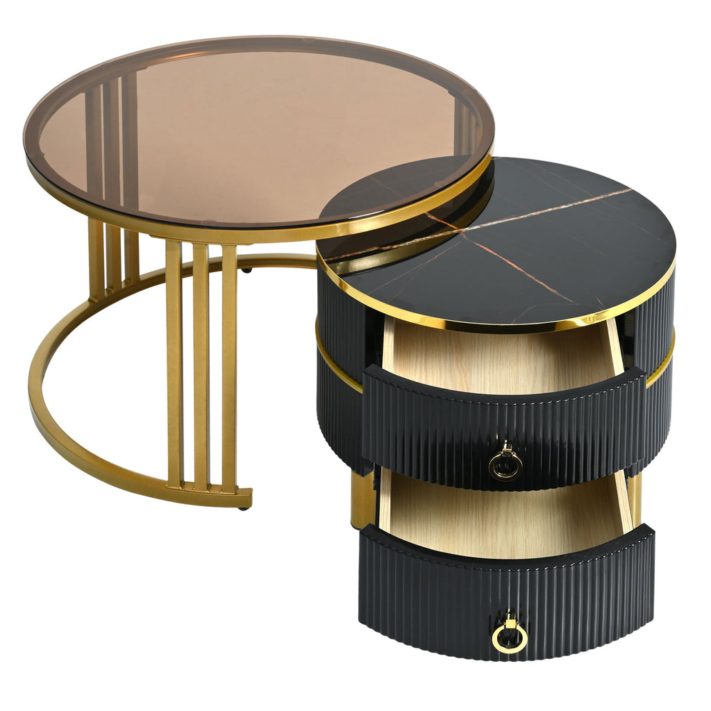 ON-TREND Φ27.5'' & Φ19.6'' Stackable Coffee Table with 2 Drawers, Nesting Tables with Brown Tempered Glass and High Gloss Marble Tabletop, Set of 2, Round Center Table for Living Room, Black