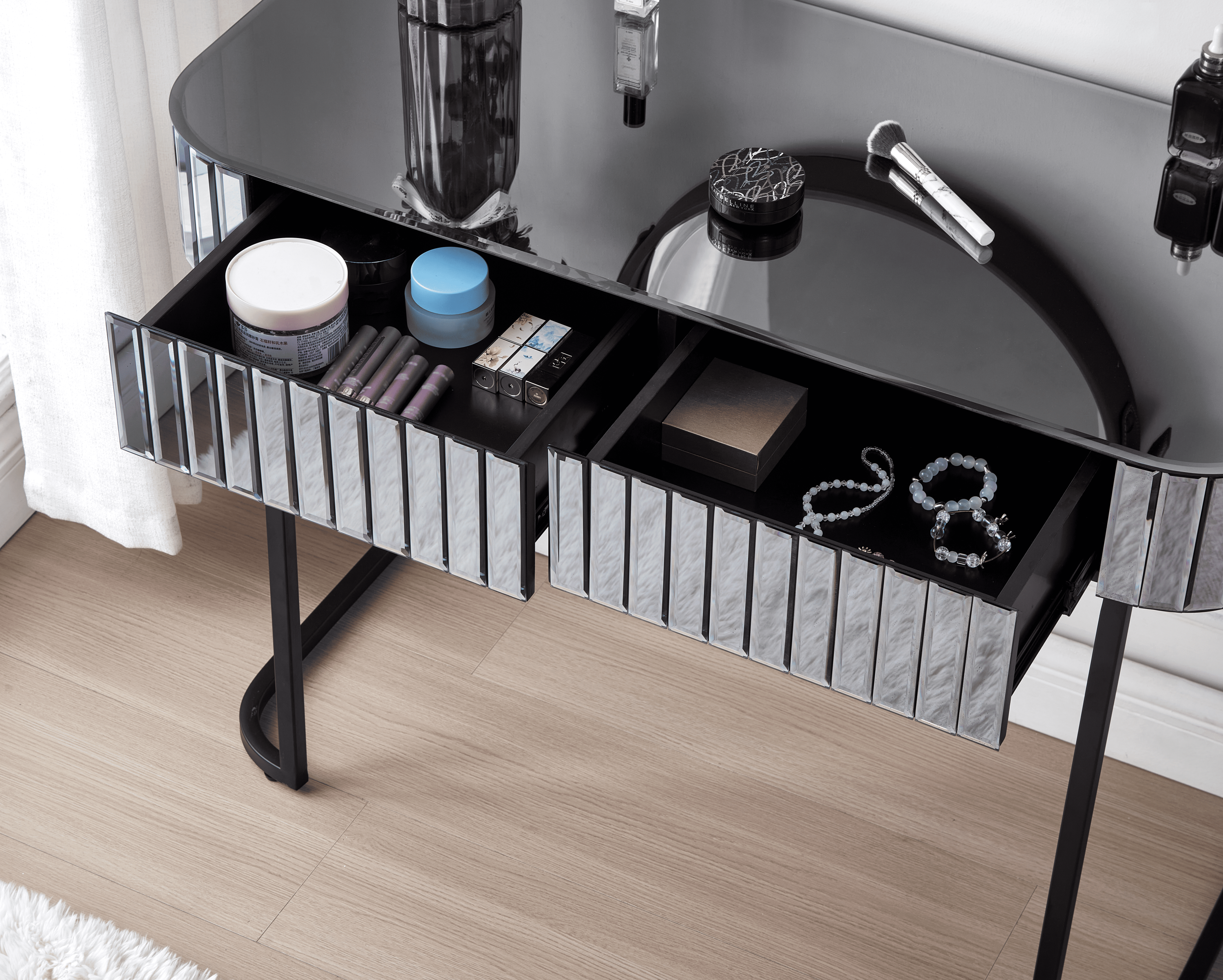 39' Mirrored Makeup Vanity Table with Stainless Steel Base, Mirrored Console Dressing Table with 2 Drawers,Versatile Desk for Bedroom and Office, Gray