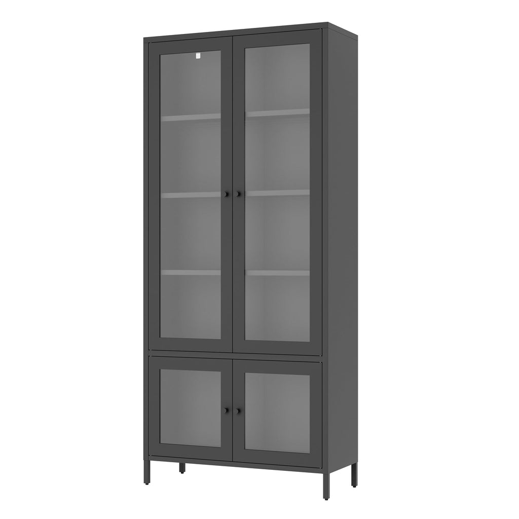 Large Metal Storage Cabinet Display Cabinet with 4 Glass Doors 5 Shelves Side Cabinet Bookcase Freestanding Cabinet for Bedroom Living Room Pantry Home Office - Black, Reinforced Tempered Glass