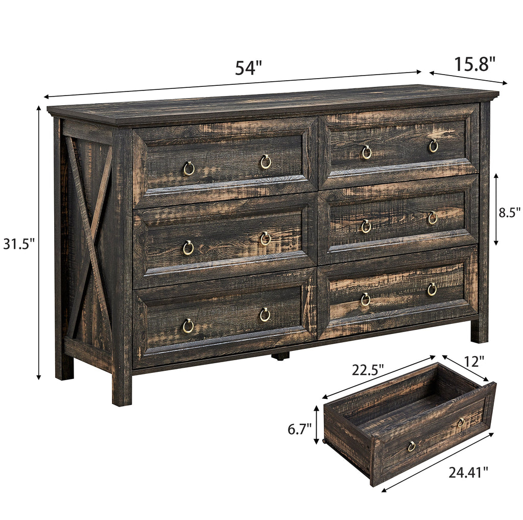 Farmhouse 6 Drawers Dresser for Bedroom, Wood Rustic Wide Chest of Drawers, Storage Dressers Organizer for Bedroom, Living Room, Hallway,Dark Rustic Oak