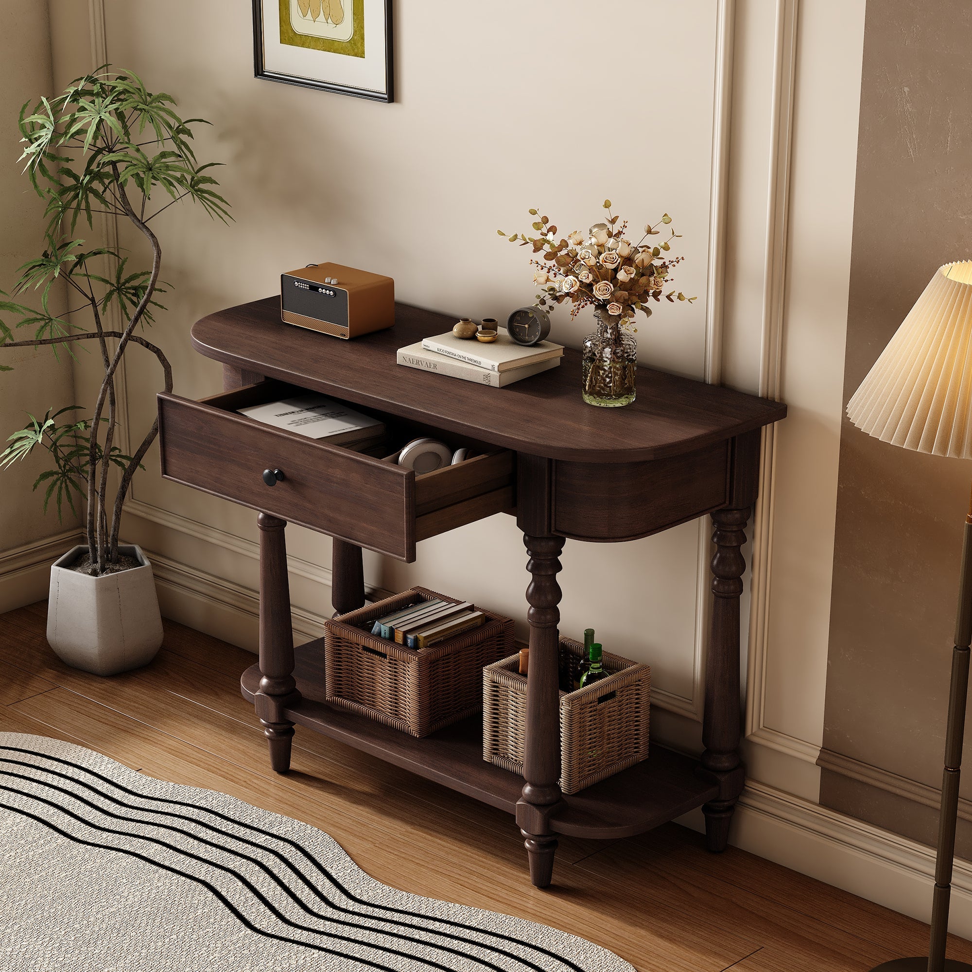 TREXM Narrow Console Table with Curved Corner, Retro Entryway Table with Top Drawer and Open Shelf, Sofa Table Console Tables for Entryway, Hallway and Living Room (Espresso)