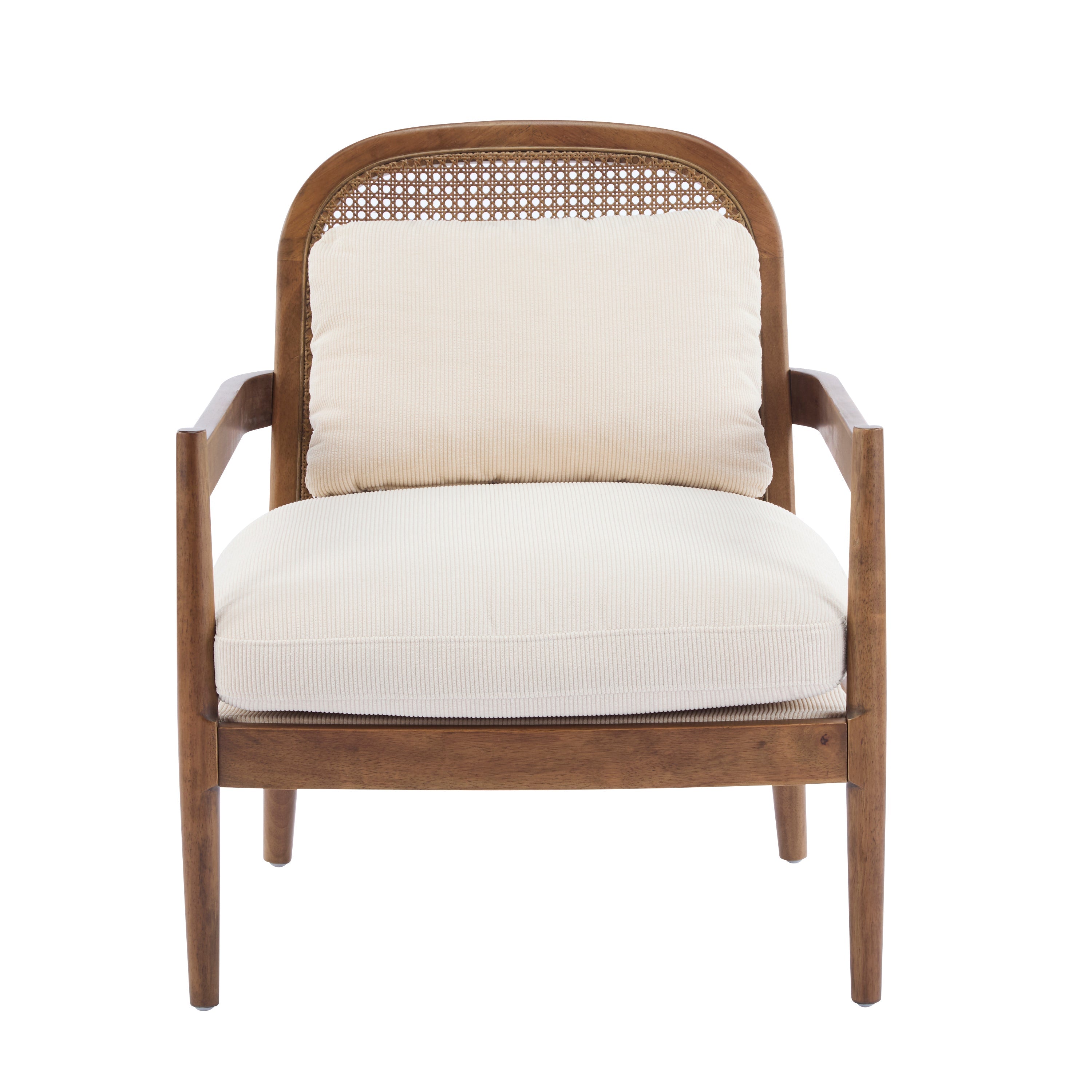 [Set of 2] 26.6' Mid-Century Modern Accent Chair with Light Brown Finish Solid Wood Frame and Rattan Backrest, Beige Cushion with Striped Fabric, Comfy Armchairs for Living Room, Bedroom, Reading Nook
