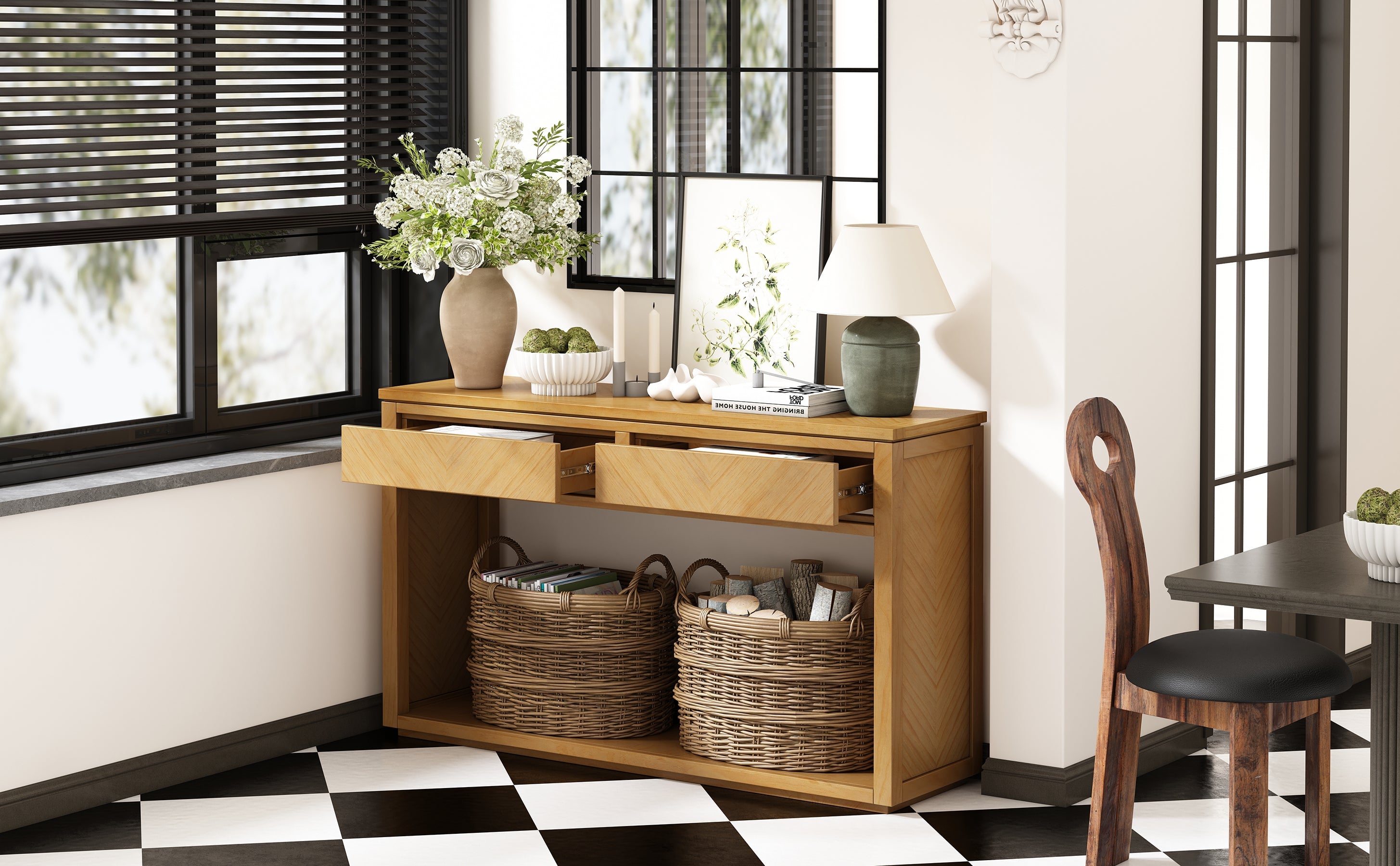 TREXM 55' Console Table, Rustic Wooden Entryway Table with Storage Drawers and Open Shelf, Elegant Sofa Table for Hallway and Living Room (Natural)