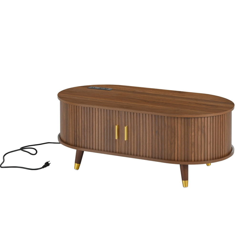 Wooden Farmhouse TV Stand & Coffee Table Set with Charging Station, Oval Fluted Media Console with Sliding Doors for TVs up to 80', Mid-Century Center Table with Solid Wood Legs for Living Room,Walnut