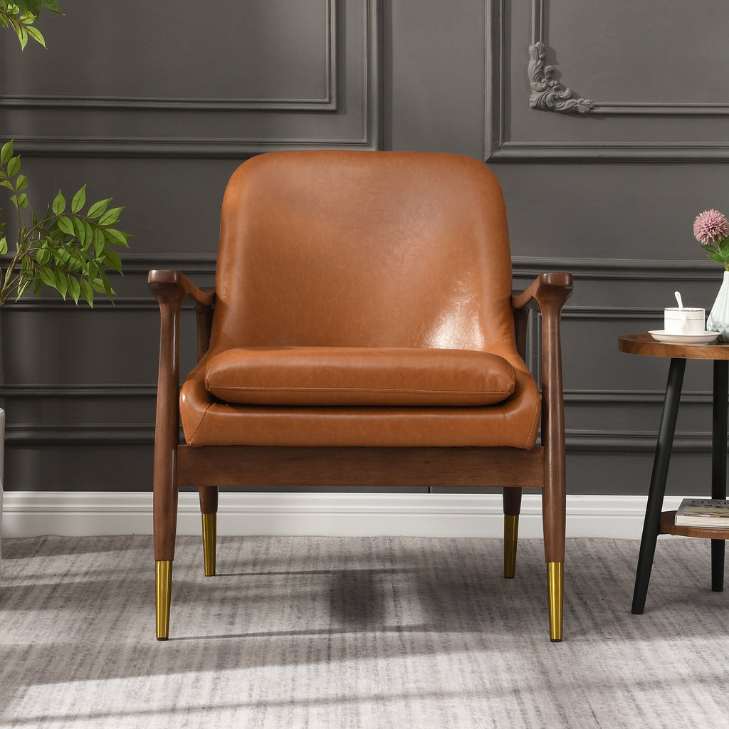 Mid-Century Faux Leather Accent Chair with Cushioned Seat, Solid Wood Frame, Brass-Tipped Legs, Brown