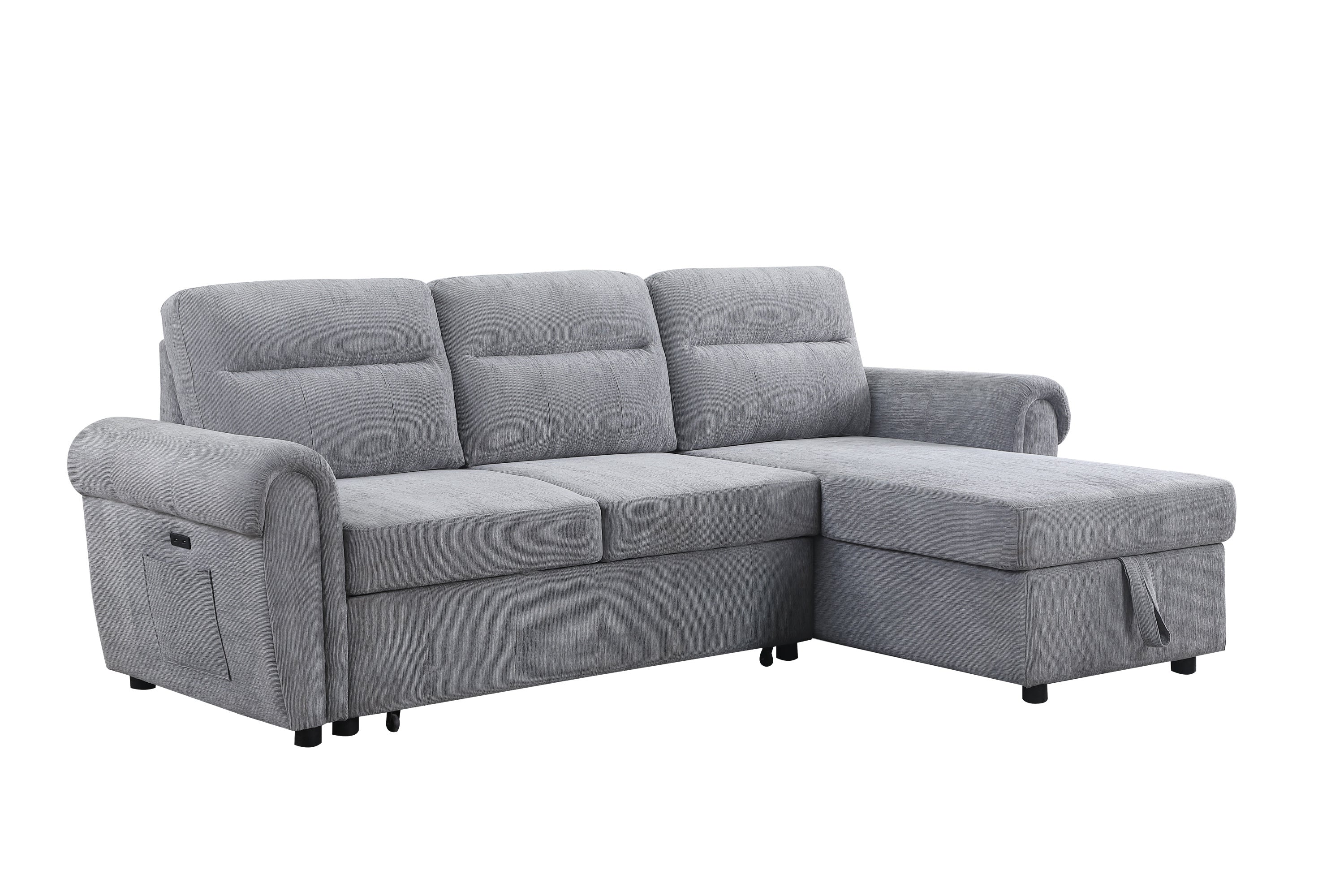 Hugo 97'W Light Gray Chenille Reversible Sleeper Sectional Sofa Chaise with USB Chargers, Phone/Magazine Pockets
