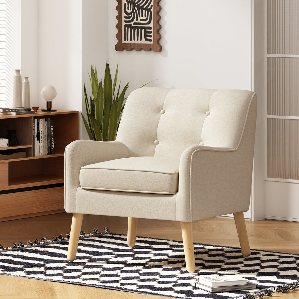 Mid-Century Modern Armchair - Tufted Fabric Accent Chair with Solid Wood Legs for Living Room, Bedroom & Office - Comfortable Polyester Upholstery - Classic Button-Tufted Back & Tapered Design