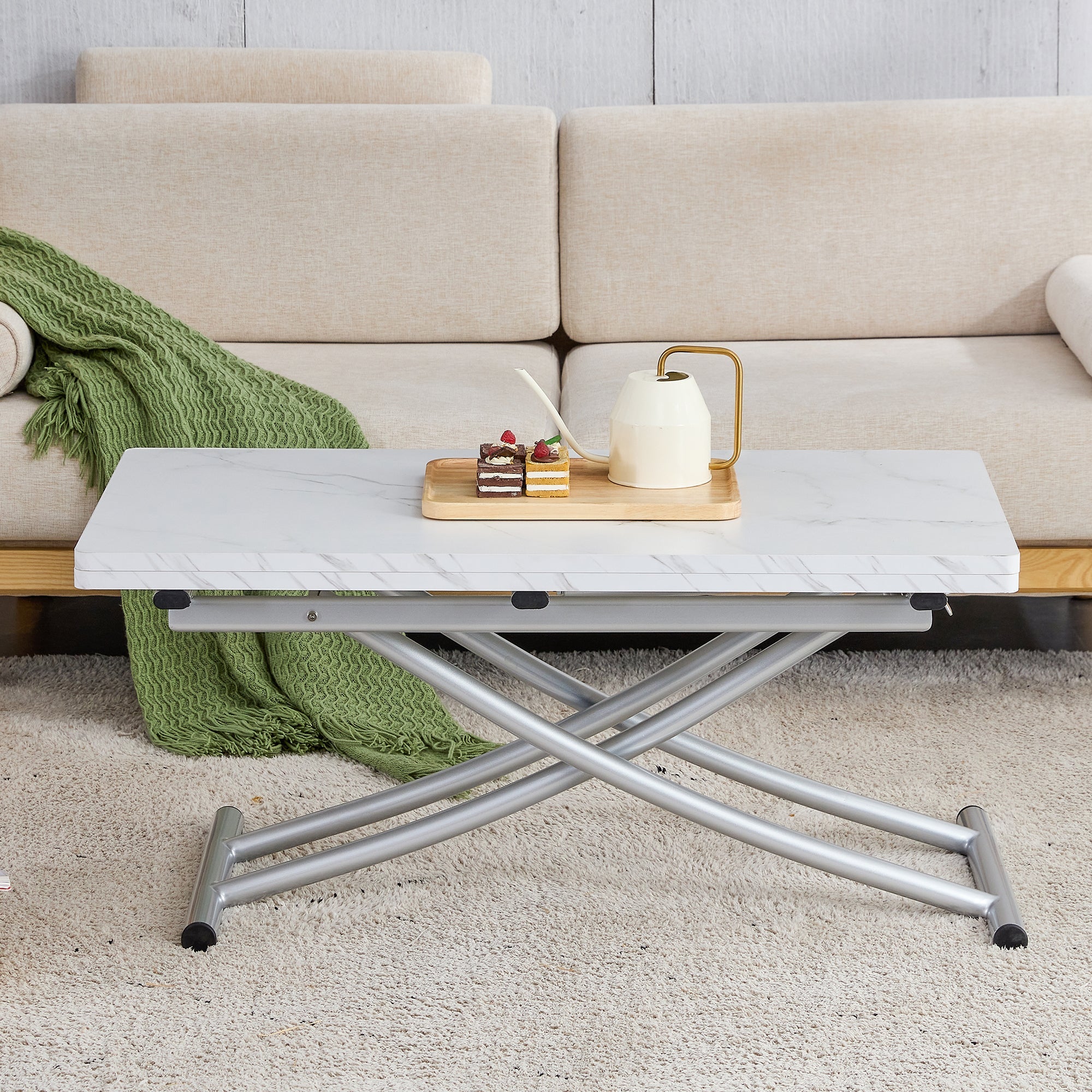 Modern minimalist multifunctional lift table with 0.8 inch MDF desktop and silver metal legs, can be used as a dressing table, coffee table, dining table, and office table