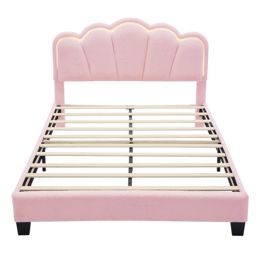 2-Pieces Bedroom Sets Full Size Flower-Shaped Upholstered LED Platform Bed with Storage Ottoman-Sherpa Fabric, Pink
