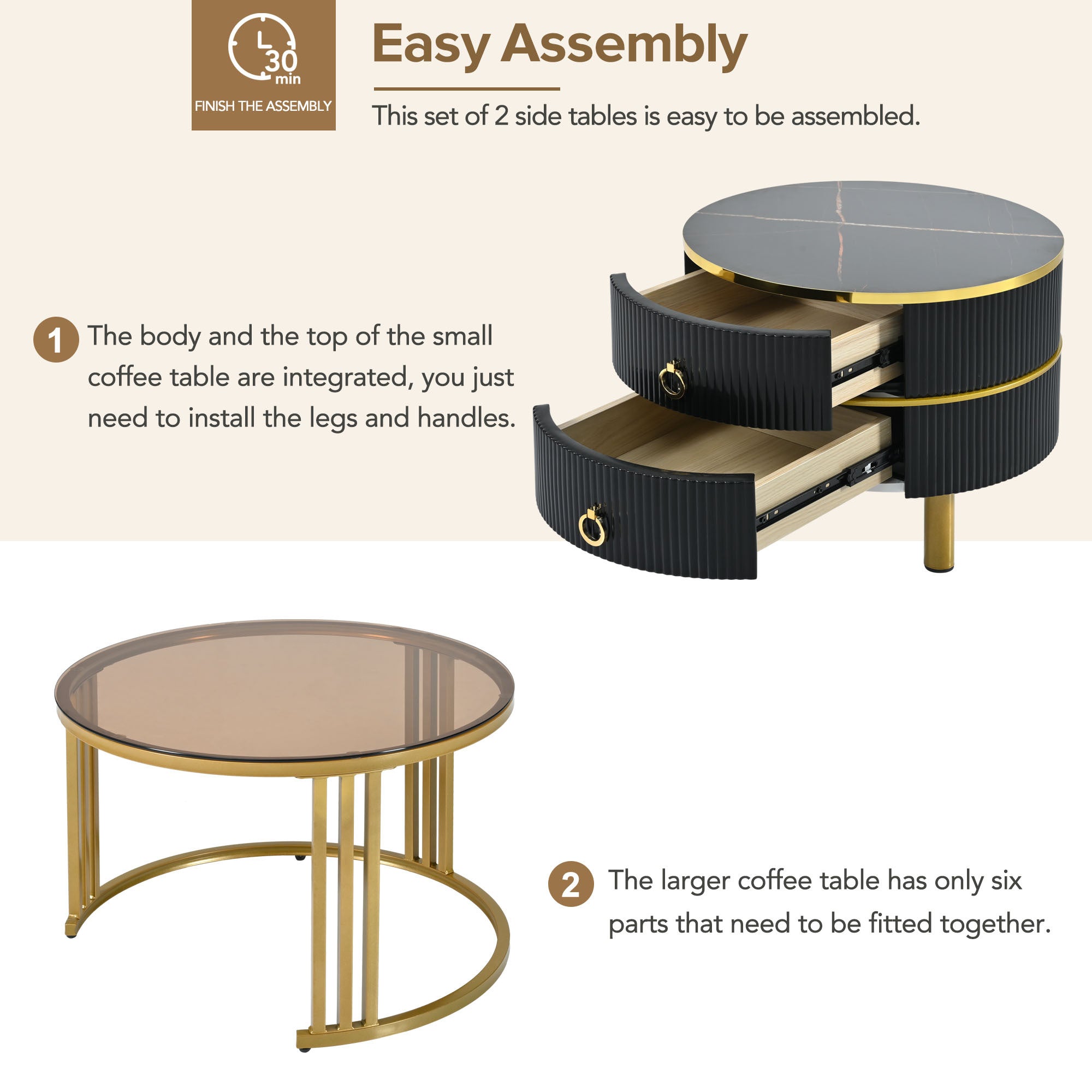 ON-TREND Φ27.5'' & Φ19.6'' Stackable Coffee Table with 2 Drawers, Nesting Tables with Brown Tempered Glass and High Gloss Marble Tabletop, Set of 2, Round Center Table for Living Room, Black
