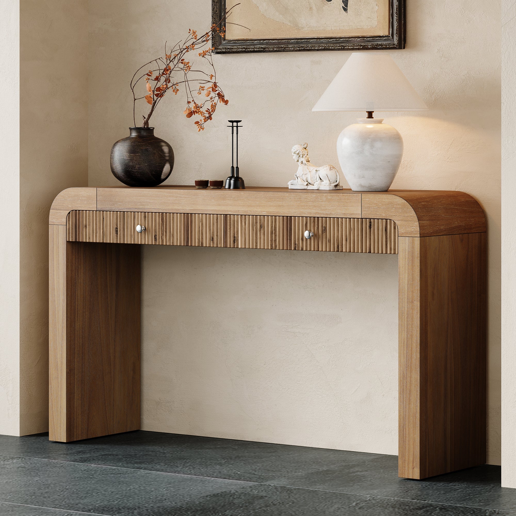 TREXM Rustic Console Table with Fluted Drawer Front, Entryway Table with Curved Corners & Thick Legs, Sturdy Sofa Table for Hallway & Living Room (Natural)