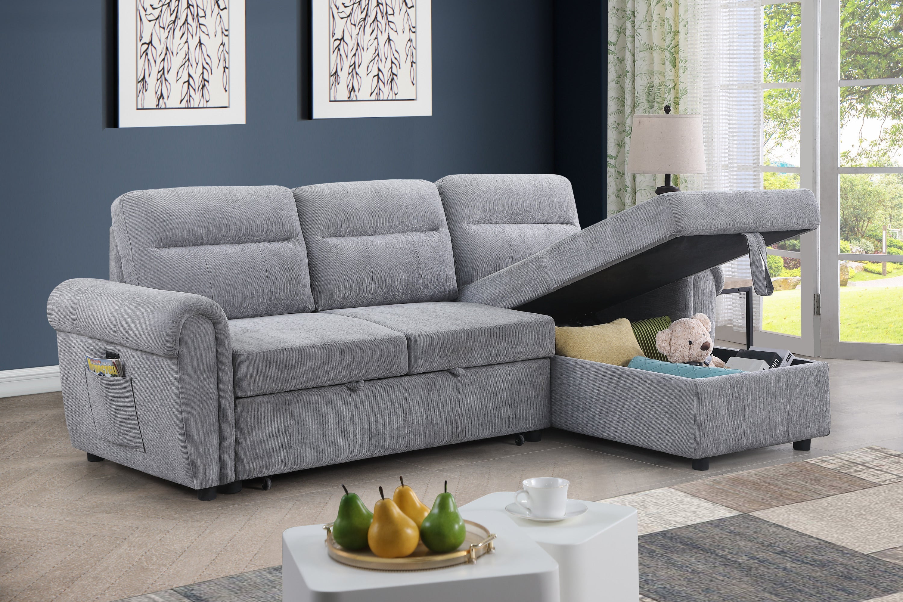 Hugo 97'W Light Gray Chenille Reversible Sleeper Sectional Sofa Chaise with USB Chargers, Phone/Magazine Pockets
