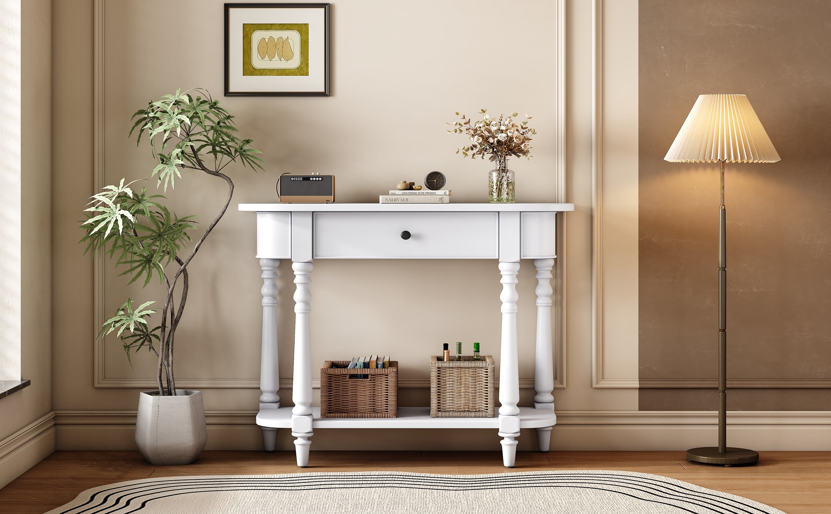 TREXM Narrow Console Table with Curved Corner, Retro Entryway Table with Top Drawer and Open Shelf, Sofa Table Console Tables for Entryway, Hallway and Living Room (White)