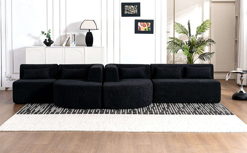 144' Upholstered Sofa Free-combined Sofa Couch with Two Chaise Lounge and Five Back Pillows for Living Room(Old SKU: N719S001600B), Black