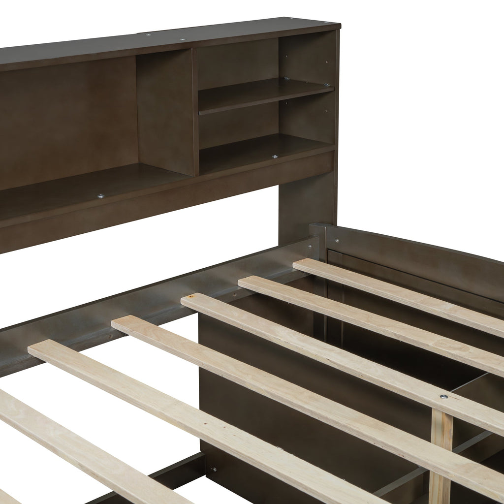 Full Size Wood Daybed with 2 Bedside Cabinets, Upper Shelves and 4 Drawers, Antique Brown