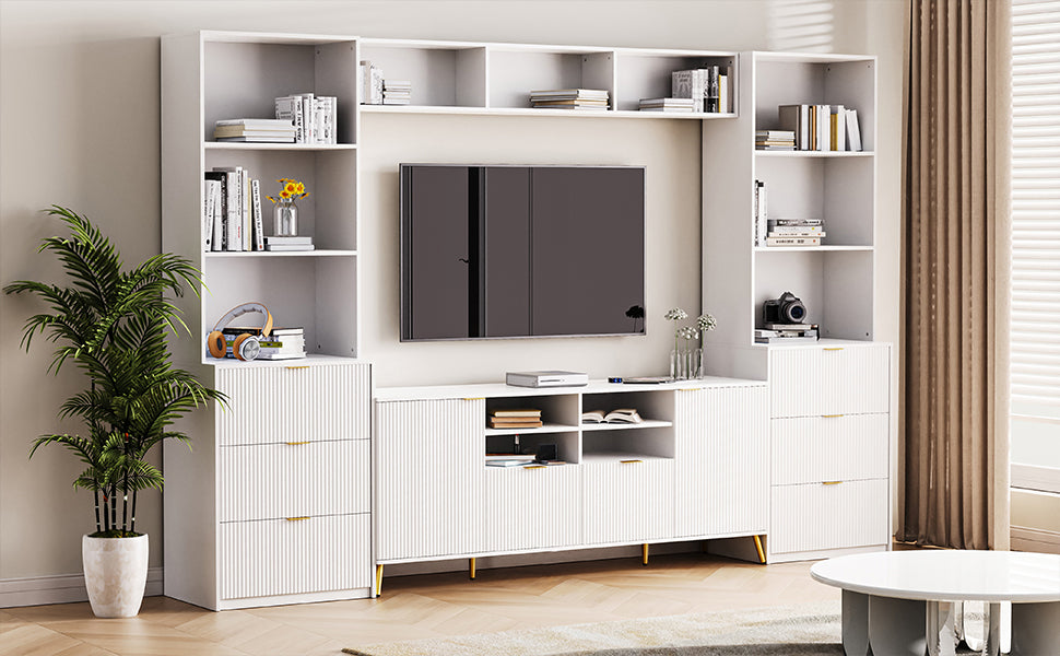 U-Can 4-Piece Entertainment Wall Unit with 13 shelves,8 Drawers and 2 Cabinets, Multifunctional TV Stand Media Storage Cabinet with Fluted Line Surface for Living Room, for TVs Up to 70'
