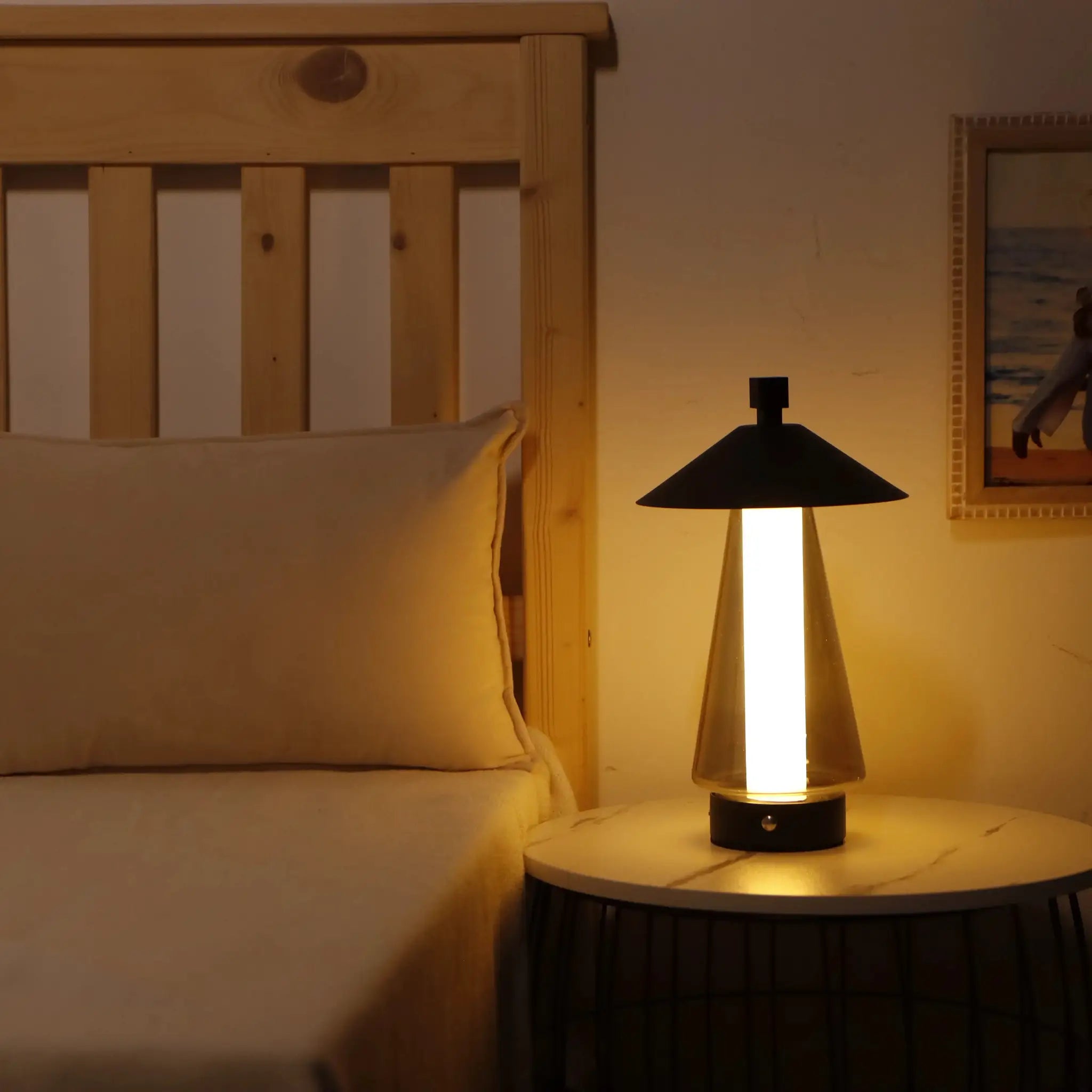 3-Way Dimmable bedside lamp, 12-inch umbrella-shaped table lamp with glass column and black shade.