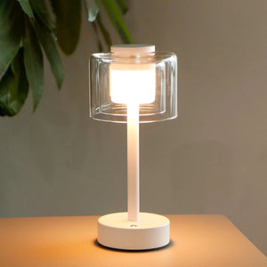 11-inch H 3-Way Dimmable Rechargeable Lamp by JHY DESIGN, clear glass cube table lamp