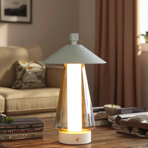 JHY DESIGN 3-Way Dimmable Bedside Lamp, 12H umbrella-shaped table lamp with white base and clear glass body