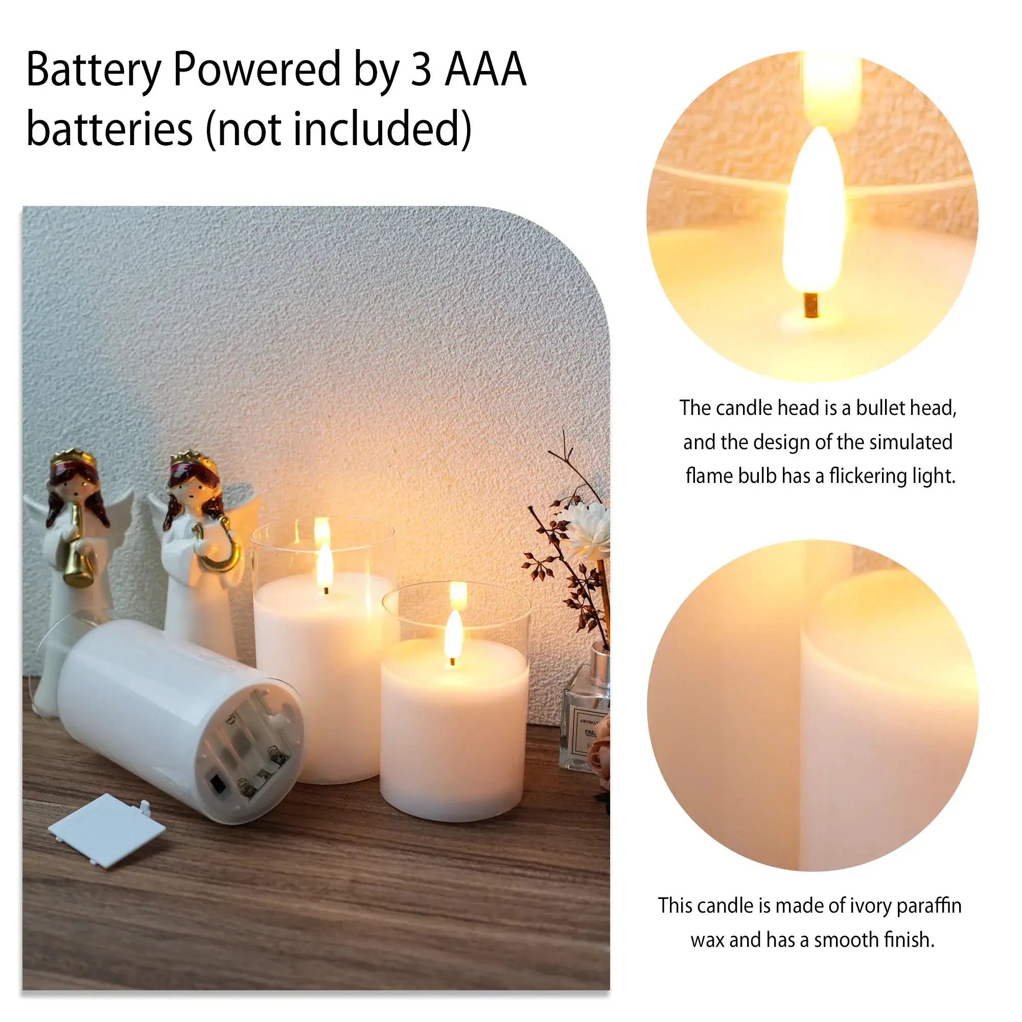 JHY DESIGN Glass Wax Flameless LED Candles, set of 3 ivory candles in glass holders