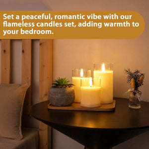 JHY DESIGN Glass Wax Flameless LED Candles set of 3 in glass hurricane holders