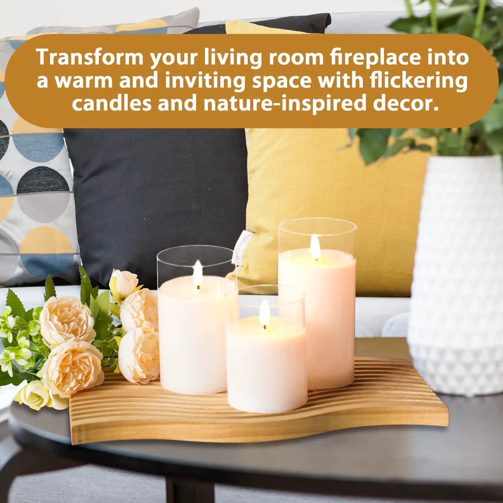 Glass flameless LED candles set of 3 in frosted glass holders on a wooden decorative tray.