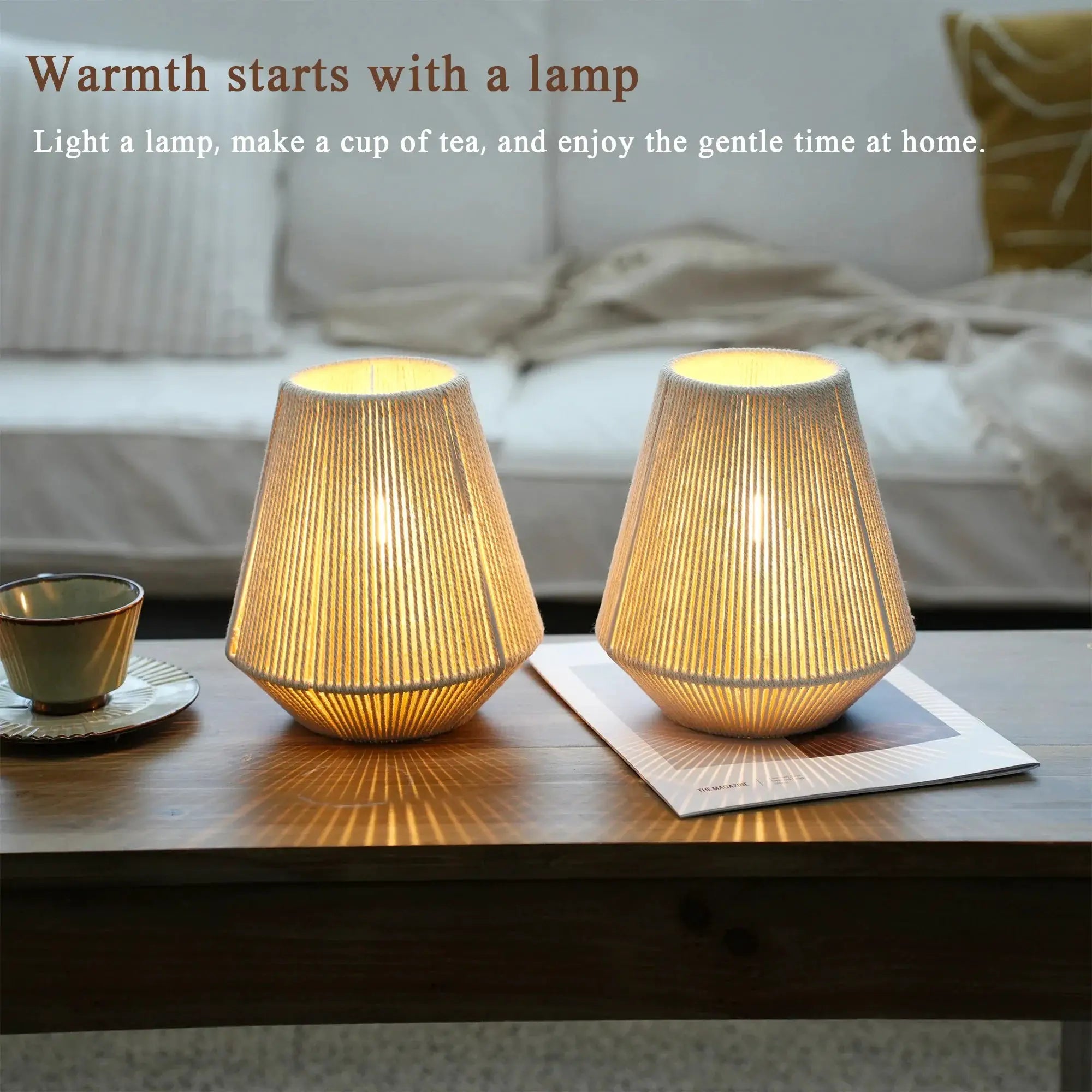 Set of 2 8-inch beige woven lampshade table lamps, battery-operated, by JHY DESIGN