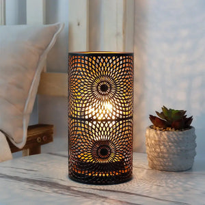 Battery powered table lamp set of 2 by JHY DESIGN; black metal lattice lamp with warm glow.