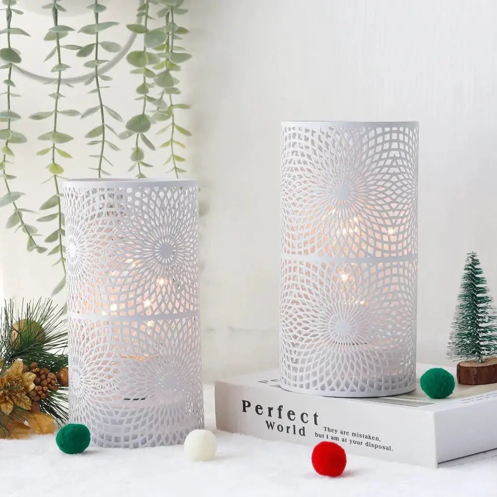 Battery-powered table lamps set of 2; white cylindrical lamps with intricate lattice pattern, warm glow