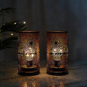 JHY DESIGN battery powered table lamp set of 2 with intricate perforated metal lattice shades and warm glow.
