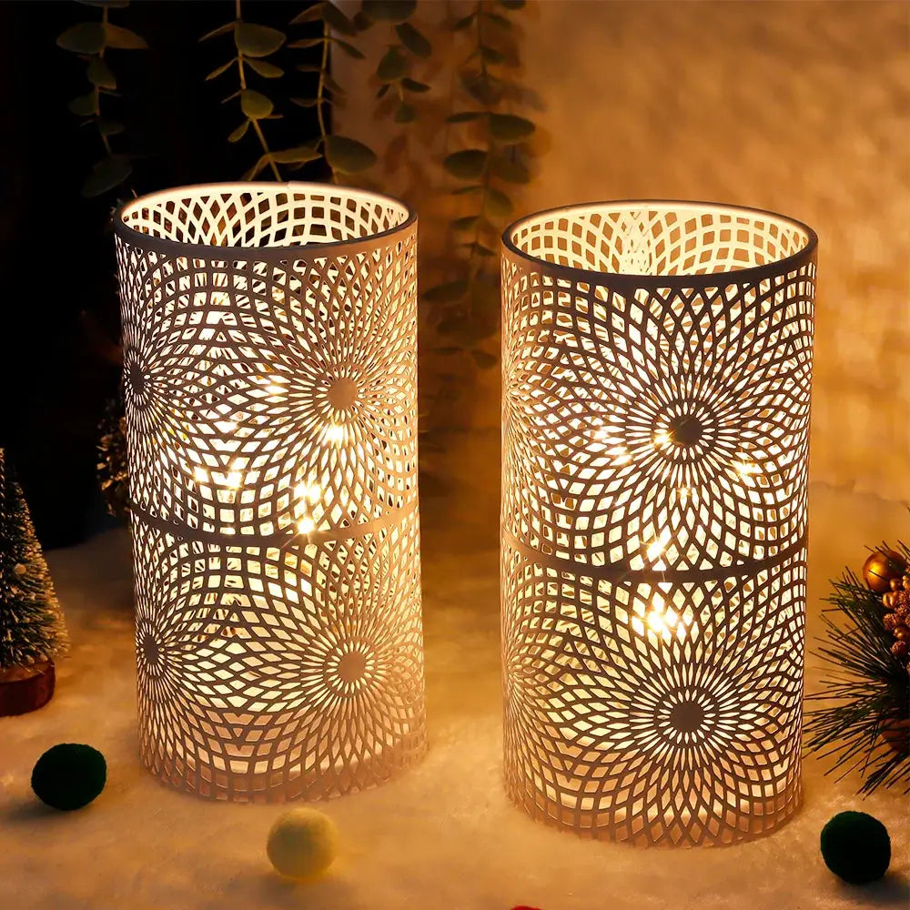 Battery-powered table lamps set of 2 with metal lattice cylindrical shades emitting warm light