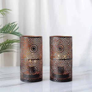 Battery powered table lamps set of 2 by JHY DESIGN; black cylindrical metal lanterns with sunburst lattice