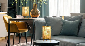 Set of 2 gold 9-inch battery-operated table lamps with lattice pattern by JHY DESIGN