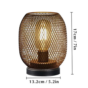 Tall outdoor battery-powered table lamp with brown metal mesh cage and warm glow bulb, black base