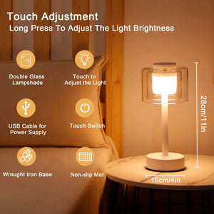 11-inch JHY DESIGN 3-way dimmable rechargeable table lamp with double glass lampshade and warm light